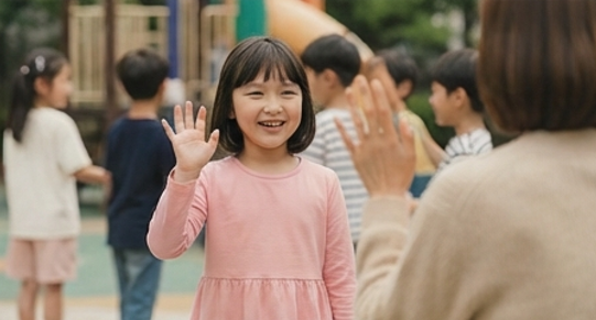 딸이 친구들 사이에서 웃으며 손을 젓는 모습