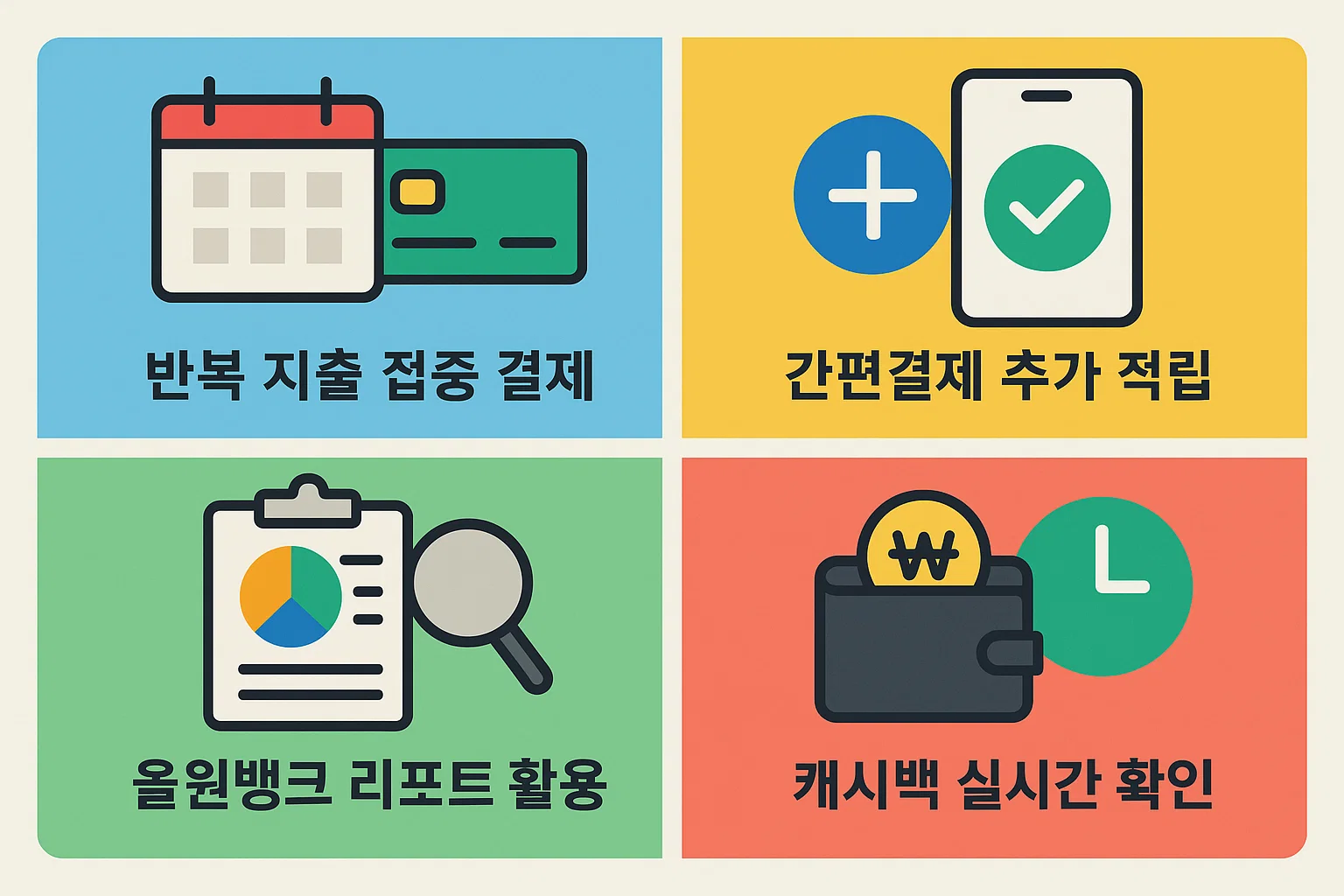 반복 지출 집중 결제, 간편결제 추가 적립, 올원뱅크 리포트 활용, 캐시백 실시간 확인 등 농협체크카드 효율적인 활용법을 정리한 인포그래픽.