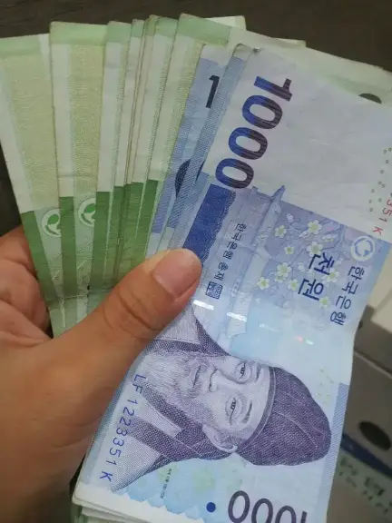 만원권들과 천원권들을 펼쳐 들고있는 손