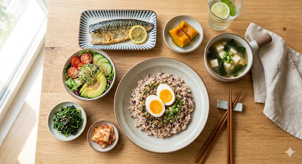 내장 지방 제거에 도움을 주는 아보카도 샐러드, 현미밥, 미역국 등으로 구성된 정갈한 건강 식단 상차림