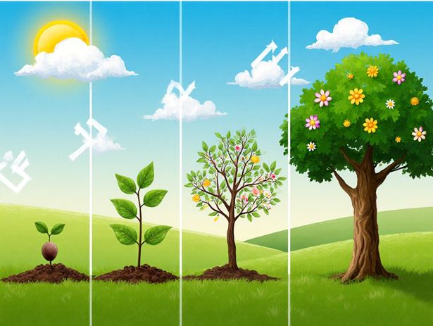 왼쩍 씨앗에서 오른쪽의 나무로 성장하는 타임랩스