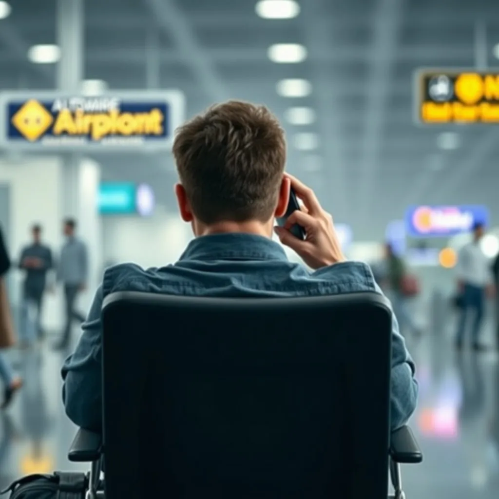 공항 의자에 앉아 한 손으로 이마를 짚고 다른 손으로는 전화기를 들고 통화하는 여행객의 뒷모습입니다. 통화 내용이 좋지 않은 듯한 절망감과 무력감이 느껴지는 표정과 자세를 담아주세요. 