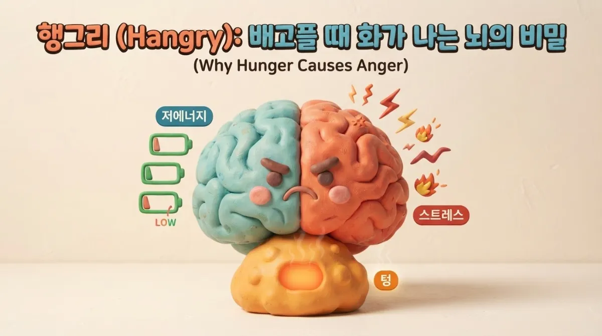 배고플 때 화가 나는 현상, 이른바 '행그리(Hangry)'의 신경학적 원인과 뇌의 포도당 고갈 메커니즘을 한눈에 보여주는 일러스트