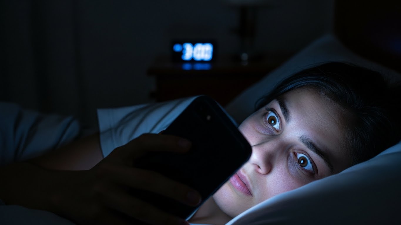 어두운 곳에서 스마트폰을 사용하는 여성