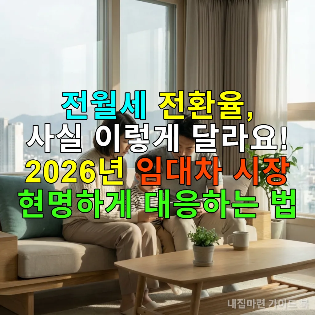 2026년 임대차 계약을 논의하는 한국인 가족이 태블릿을 보고 있는 모습