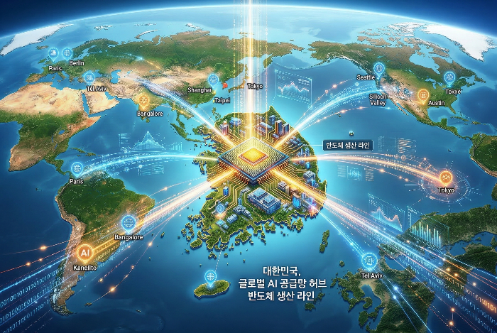 한국 반도체 산업을 중심으로 재편되는 글로벌 AI 반도체 공급망 시각화 지도.