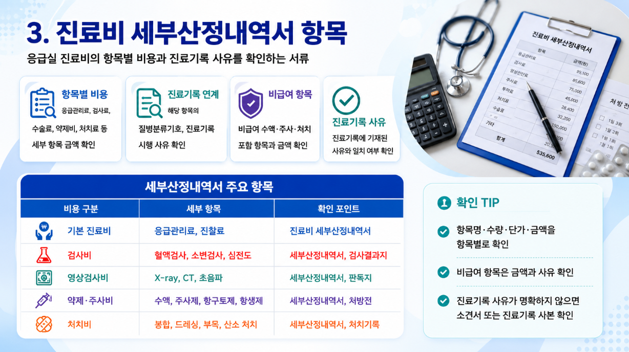 진료비 세부산정내역서의 비용 구분, 세부 항목, 확인 포인트를 정리한 16:9 한국어 인포그래픽