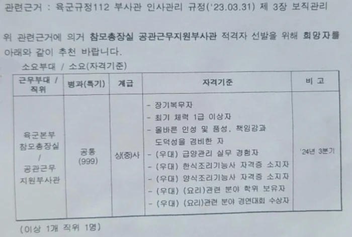 군 내부에서 논란이 된 육군 참모총장실 공관근무지원 부사관 선발 기준