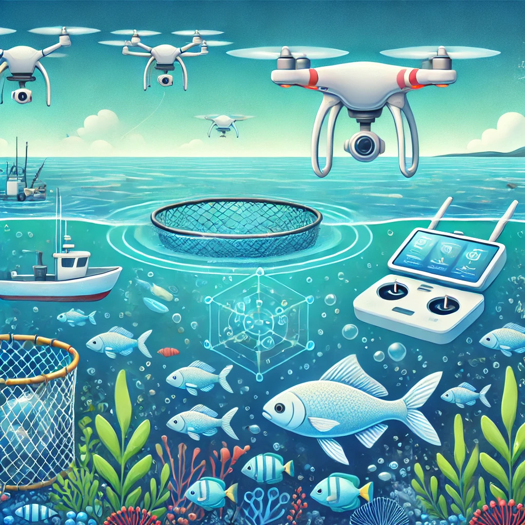 이 이미지는 지속 가능한 어업에서 드론의 다양한 활용 방안을 나타냅니다. 공중 드론이 어종 분포를 모니터링하고, 수중 드론이 폐어구를 추적하며 환경 데이터를 수집하는 모습이 표현되어 있습니다. 깨끗한 바다와 다양한 해양 생물은 드론이 해양 생태계 보전과 어업 운영에 미치는 긍정적인 효과를 상징적으로 보여줍니다.
