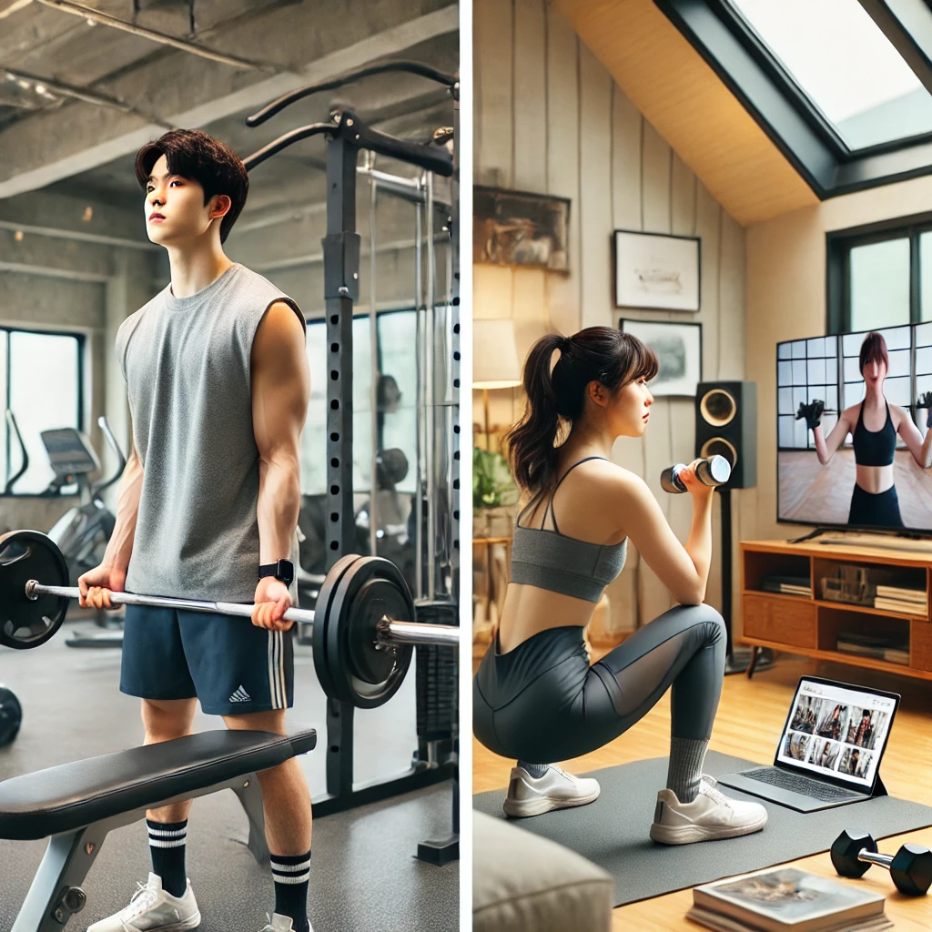 헬스장에서 운동하는 사람과 집에서 홈트를 하는 사람 비교 이미지