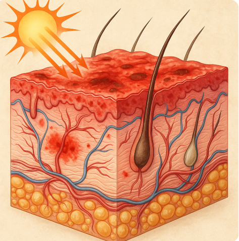 표피층의 붉은 염증, 진피층의 혈관 확장과 콜라겐 섬유 손상 등자외선으로 손상된 피부 단면을 보여주는 일러스트