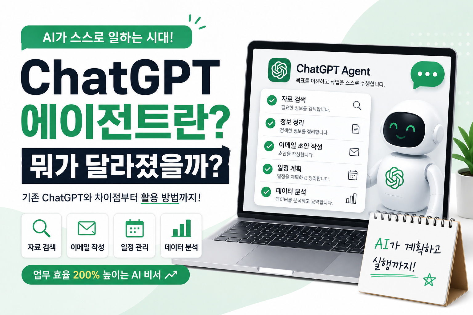 ChatGPT 에이전트의 개념과 기존 ChatGPT와의 차이점, AI가 자료 검색·이메일 작성·일정 관리 등 다양한 업무를 자동으로 수행하는 모습을 표현한 썸네일