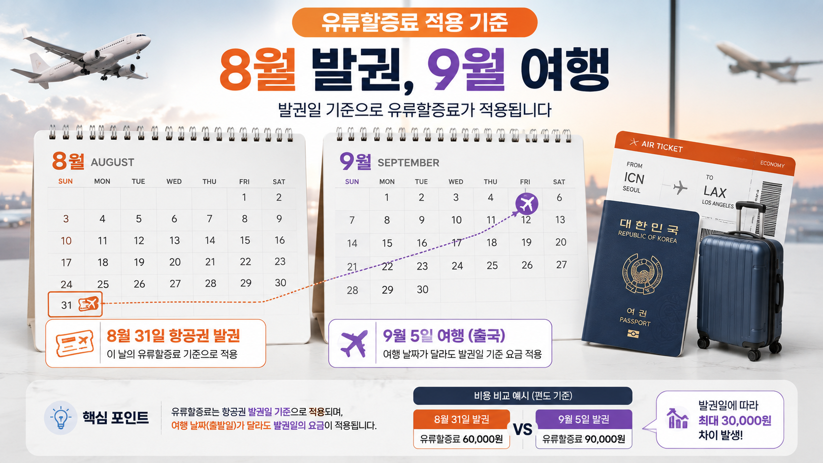9월 유류할증료 인상, 9월 여행도 8월에 발권하면? 적용 기준 확인