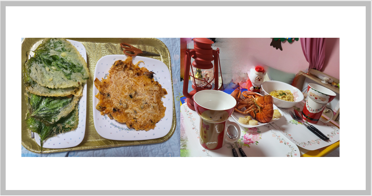 이 사진은 겨울방학 동안 아이에게 만들어준 음식의 사진입니다. 깻잎전, 김치 부침개, 랍스터 버터구이, 파스타 입니다.