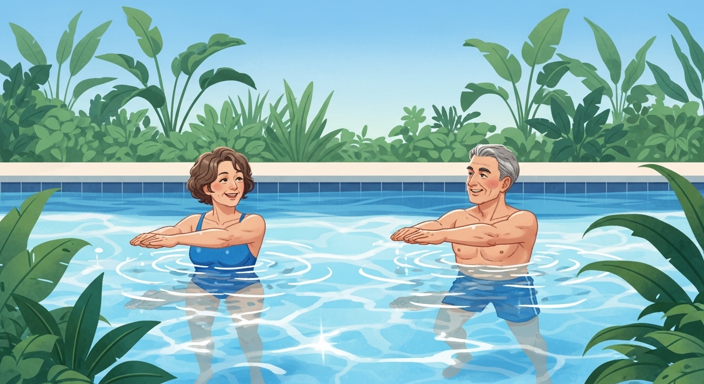 중년 여성이 맑은 물속에서 웃으며 수중 에어로빅을 하는 모습. 관절에 무리 없이 즐겁게 운동하고 있음을 보여줍니다.