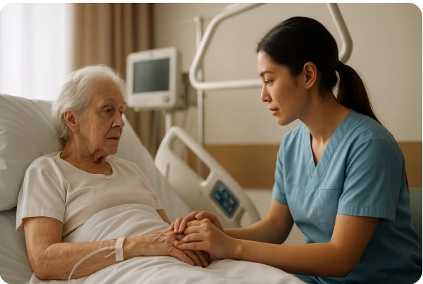 요양병원에서 노인 환자 곁을 지키며 손을 잡고 살펴보는 간호사 모습