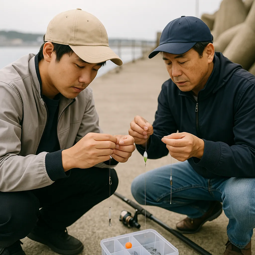방파제에서 전갱이 채비를 준비하는 초보 낚시꾼들
