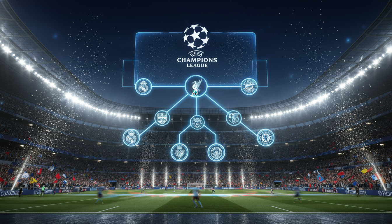 2026년 챔피언스리그 16강 대진표가 표시된 거대한 홀로그램 스크린이 빛나는 웅장한 축구 경기장 전경.