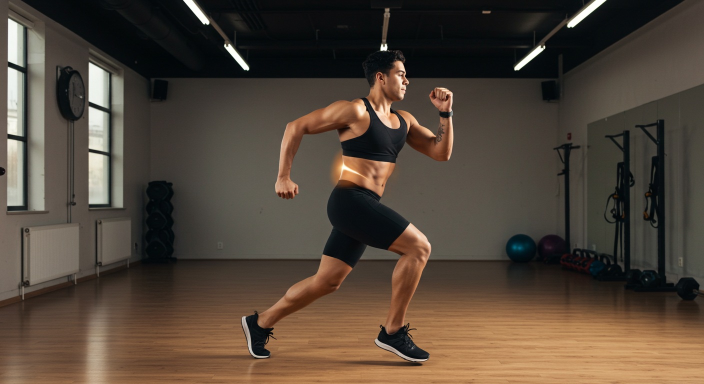 사과형 체형의 사람이 HIIT 운동을 하는 모습