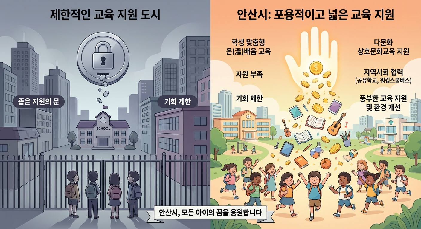 안산시의 보편적 초등 입학지원 정책을 다른 지자체와 비교하는 그래픽
