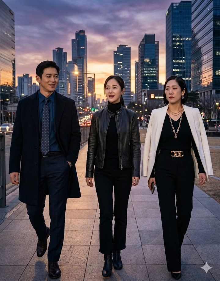 이한신, 안서윤, 최화란 세 사람이 나란히 서서 걷는 풀 샷