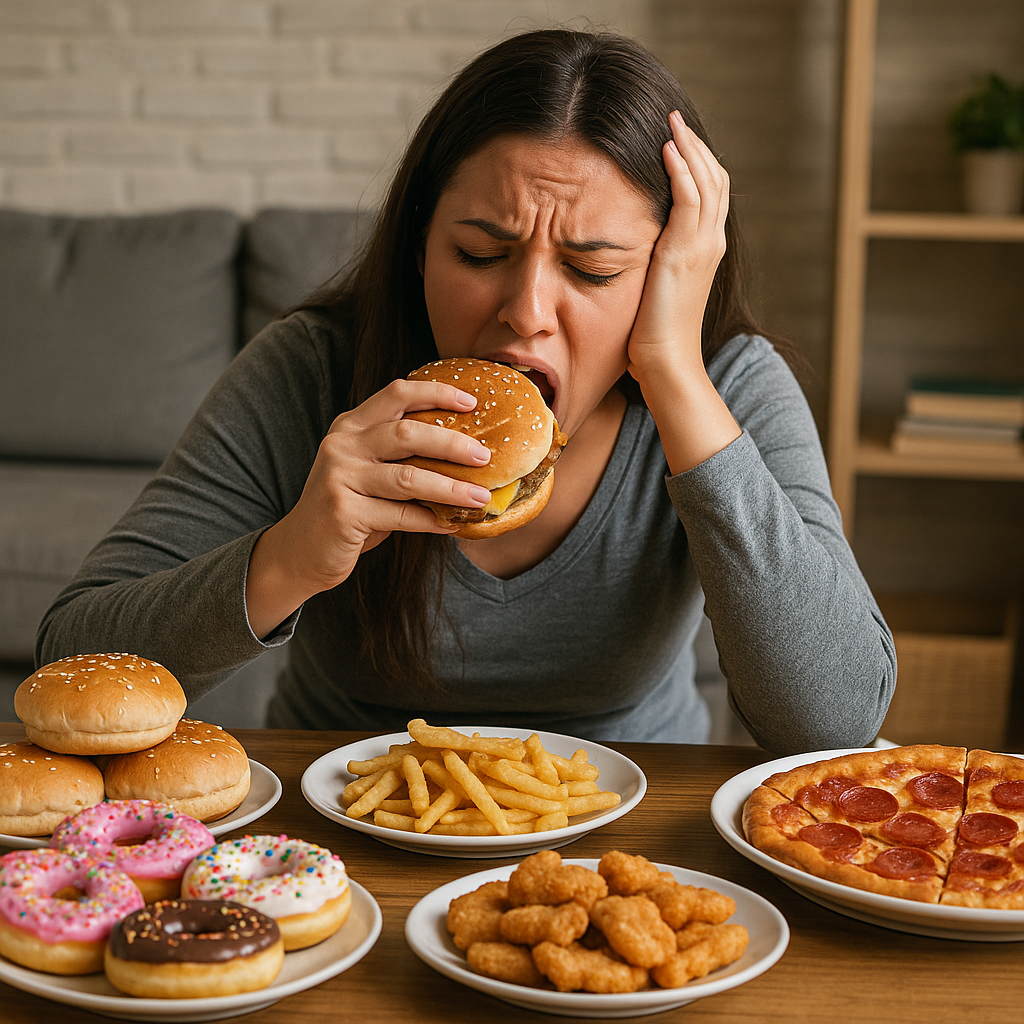스트레스로 인한 폭식으로 고통스러워 하는 여자