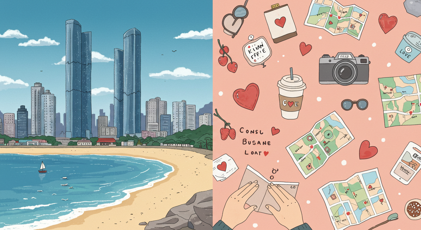 부산 바다와 도심 풍경, 커플 데이트 계획을 상징하는 아이콘들