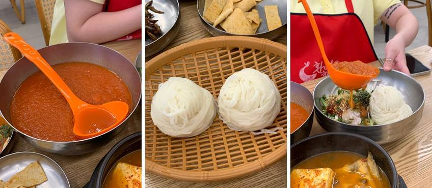 물회 소스, 소면, 비비는 모습