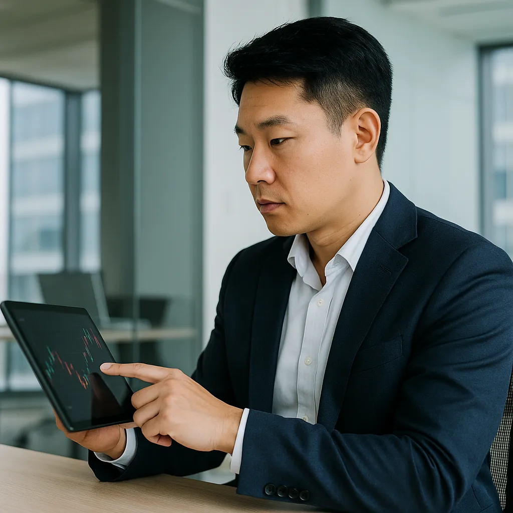 사무실에서 태블릿으로 주식 차트를 보는 남성