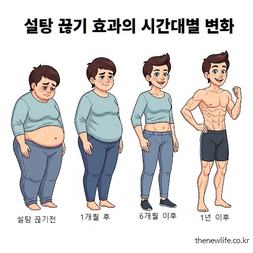 설탕 끊기 효과의 시간대별 변화, 1주차 금단 증상, 1개월 혈당 안정화, 6개월 체중&middot;피부 개선, 1년 대사 건강 회복 이미지