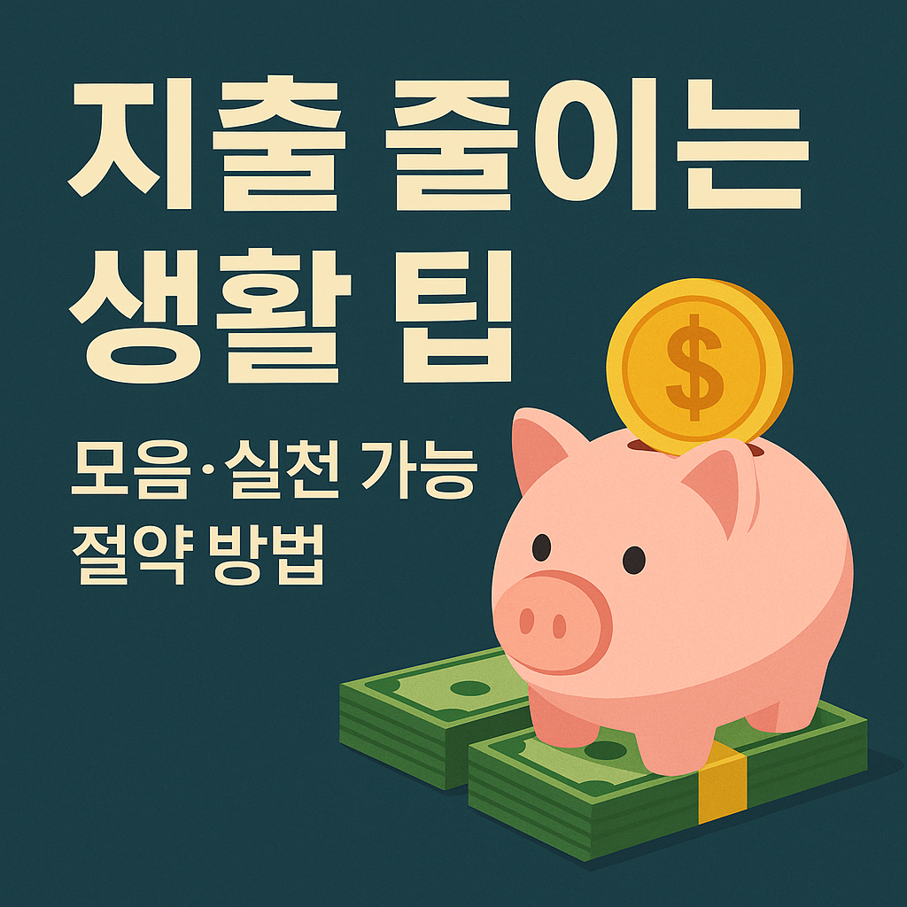 지출 줄이는 생활 팁”이라는 한국어 텍스트가 포함된 썸네일 이미지. 핑크색 돼지저금통과 초록색 지폐 위에 올려진 금색 동전이 함께 구성된 절약 관련 시각 자료