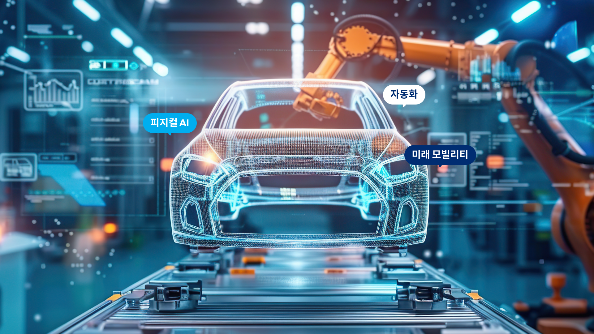 자동차 생산라인 위 차체 홀로그램과 로봇 팔 - 피지컬 AI, 자동화, 미래 모빌리티 개념 이미지