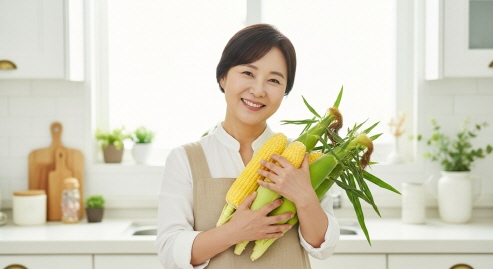싱싱한 초당옥수수 다발을 들고 미소 짓는 한국 주부
