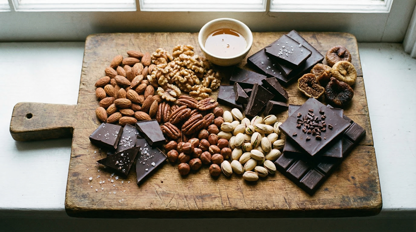 나무 도마 위에 깔끔하게 놓인 다양한 견과류와 다크초콜릿 사진.