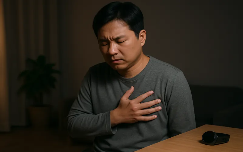 심박수 불균형으로 가슴 두근거림을 느끼는 40대 중년 남성