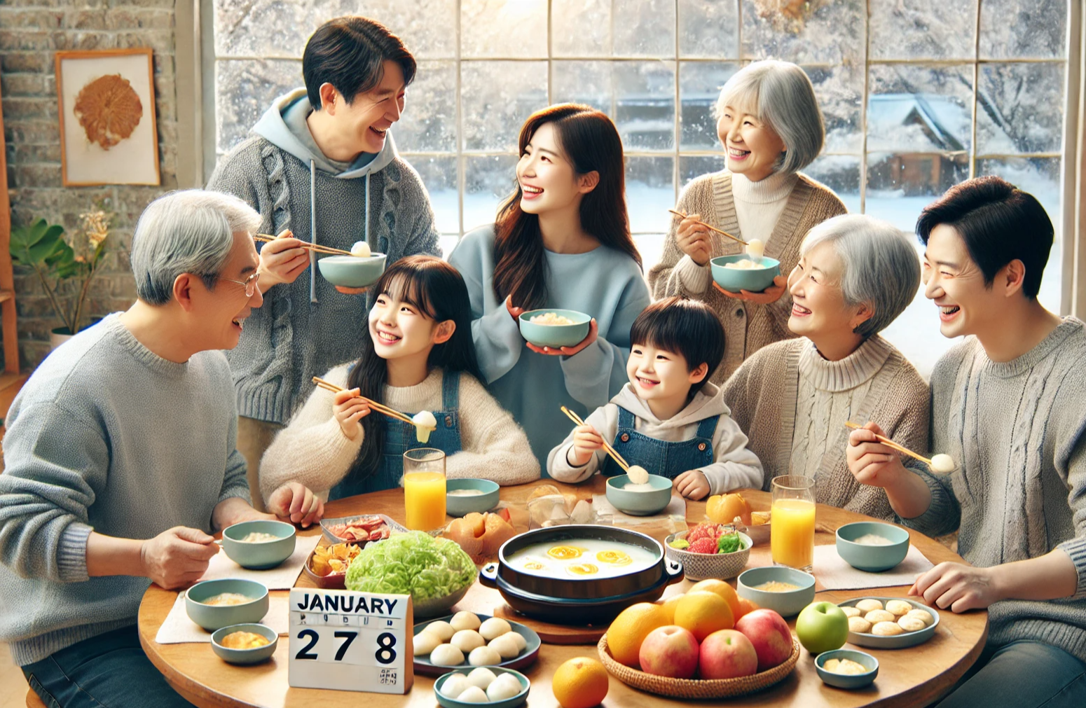 이 사진은 설 연휴를 맞이해서 가족들이 모여서 맛있는 음식을 먹고 행복해 하는 모습입니다.