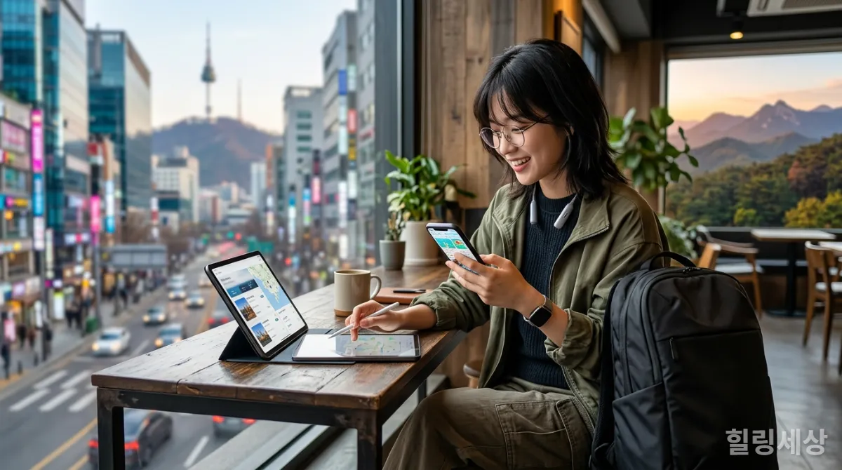 스마트폰으로 여행 정보를 검색하고 있는 MZ세대 여행객
