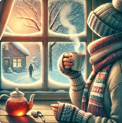 겨울철 따뜻한 차를 마시며 체온을 유지하는 아늑한 실내 장면