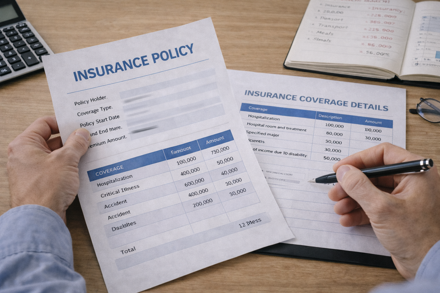 연말 보험 증권과 보장 내역서를 펼쳐놓고 점검하는 책상 위 모습