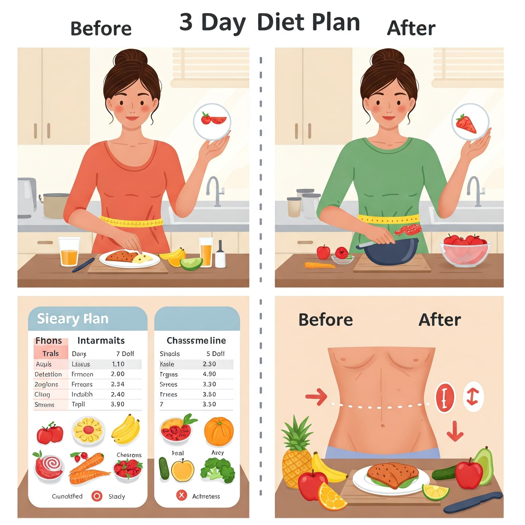 여성 모델이 다이어트 전과 후의 복부 라인을 비교하는 모습 + 3일 식단표가 시각화된 다이어그램