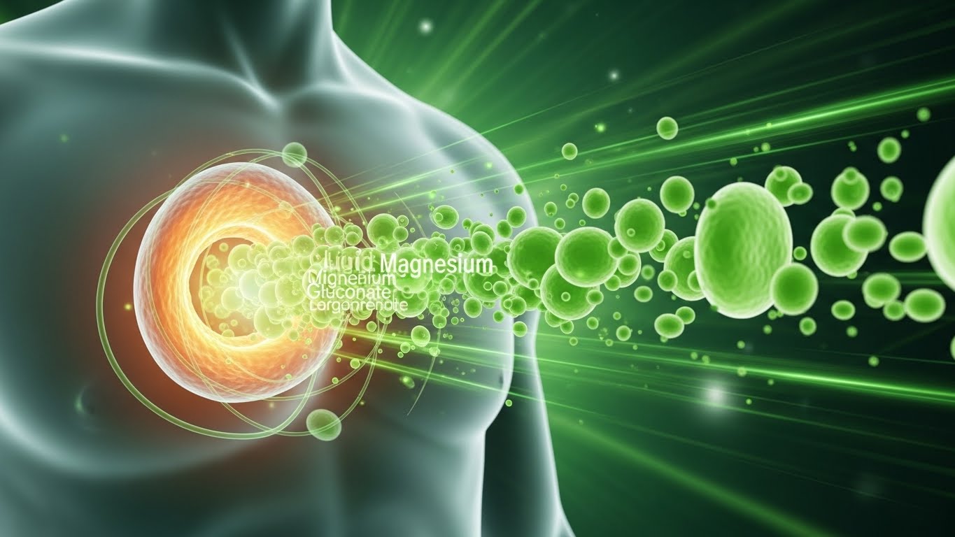 액체 글루코네이트 마그네슘이 세포 수준에서 인체에 빠르게 흡수되는 모습을 묘사한 생동감 있고 역동적인 이미지로, 빛나는 녹색 액체 입자가 스타일화된 반투명한 몸체로 흐르는 것을 나타냅니다.