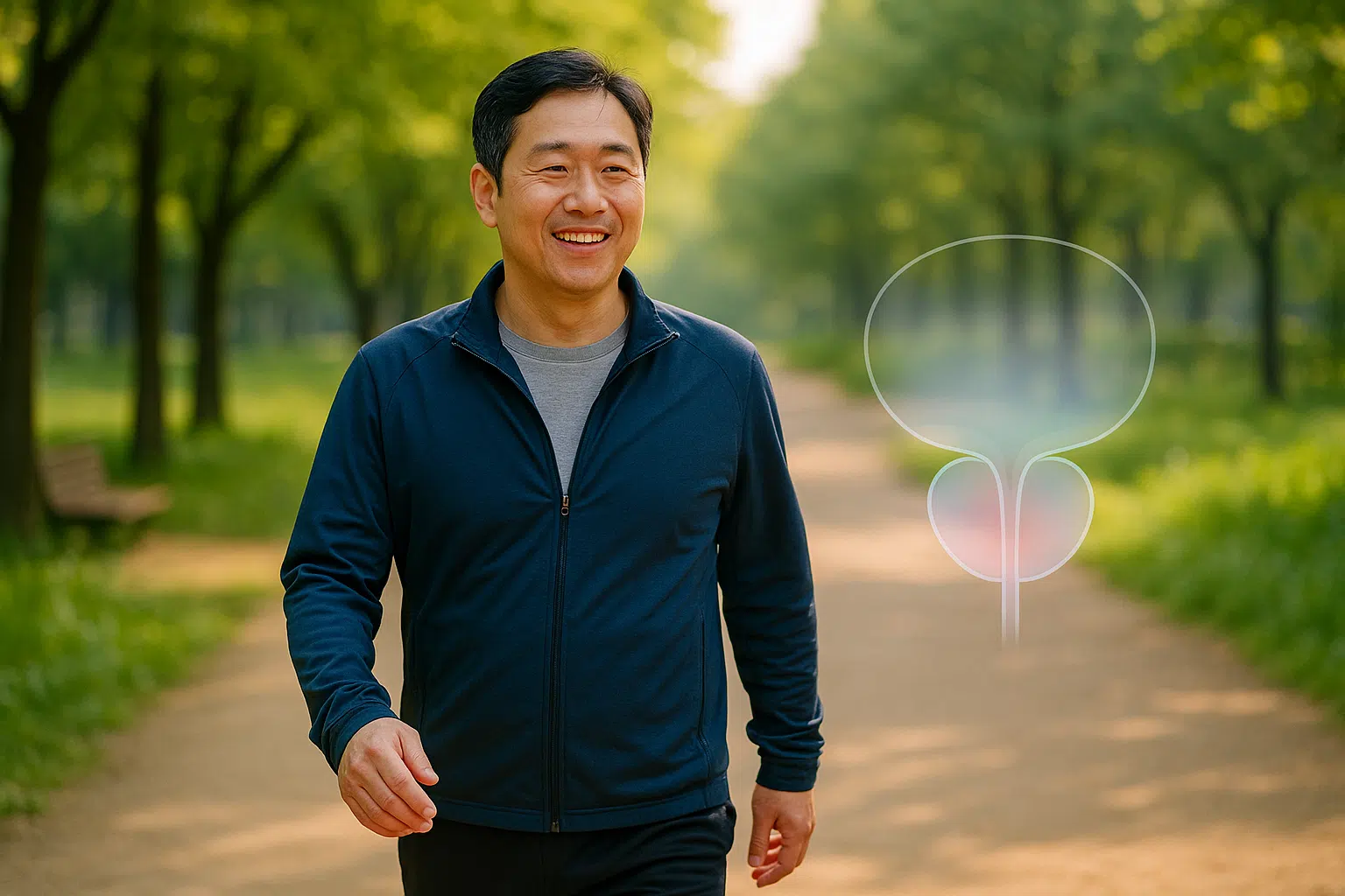 40~50대 중년 남성이 건강한 표정으로 공원에서 걷는 모습, 배경에 전립선 위치를 보여주는 의학 일러스트가 반투명하게 삽입