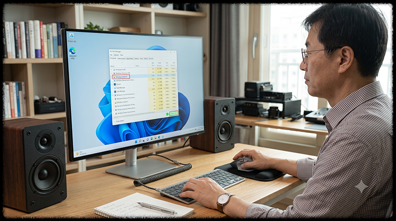 Windows 11 작업 관리자에서 Windows 탐색기를 다시 시작해 알림 센터 오류를 해결하는 모습