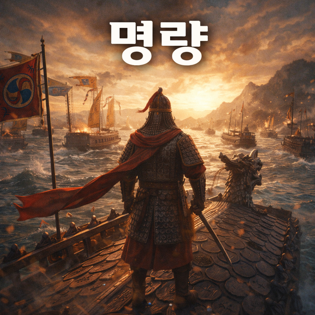 거북선 위에 있는 이순신 장군의 뒷모습. 영화제목 명량 문구가 삽입되어 있음.