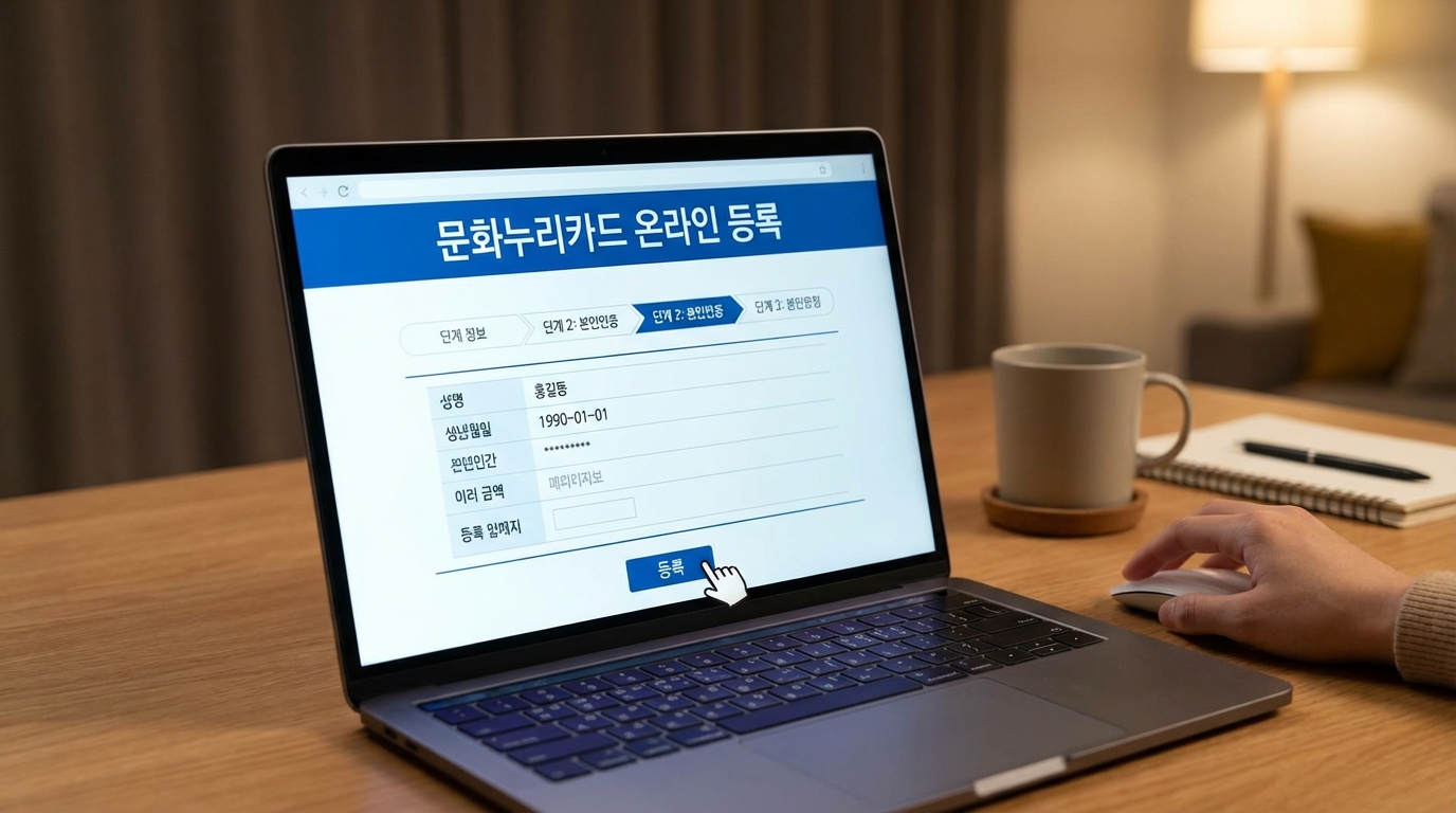 노트북 화면에서 문화누리카드 온라인 사용 등록을 하는 과정 이미지