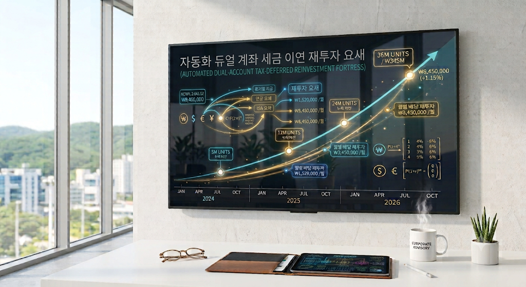 세련된 모던 오피스 데스크 위에 놓인 태블릿 PC 화면에 선명하게 찍힌 비과세커버드콜 + IRP 과세이연 월200만 원 복리 재투자 및 자산성장 시뮬레이션