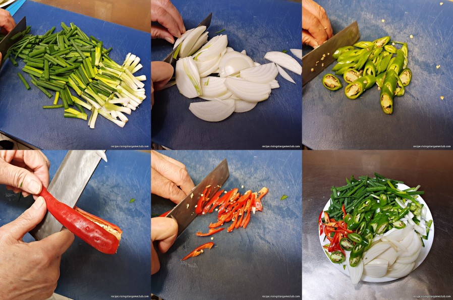 맛있는 양념게장에 들어갈 야채들(쪽파, 양파, 풋고추, 홍고추)를 손질하는 사진