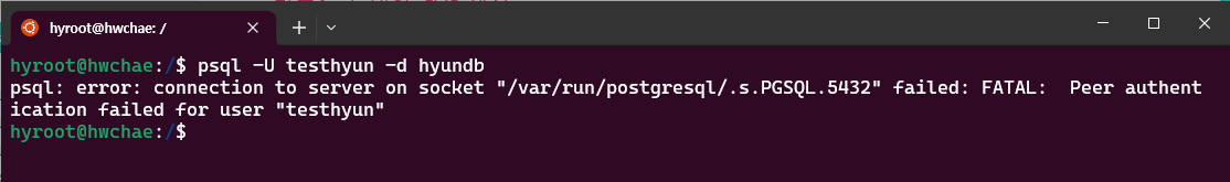psql: error: connection to server on socket "/var/run/postgresql/.s.PGSQL.5432" failed: FATAL: Peer authentication failed for user "testhyun"