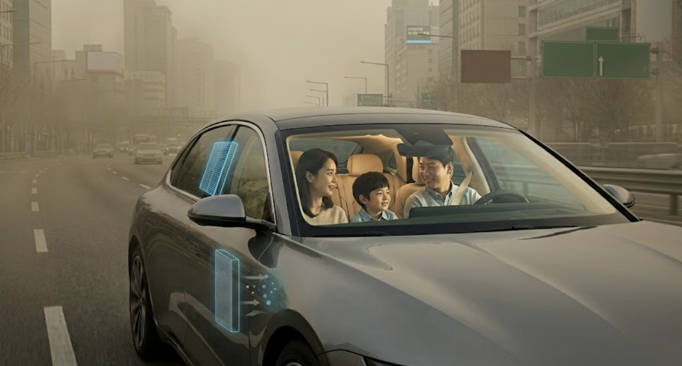미세먼지 속 쾌적한 실내환경을 달리는 가족