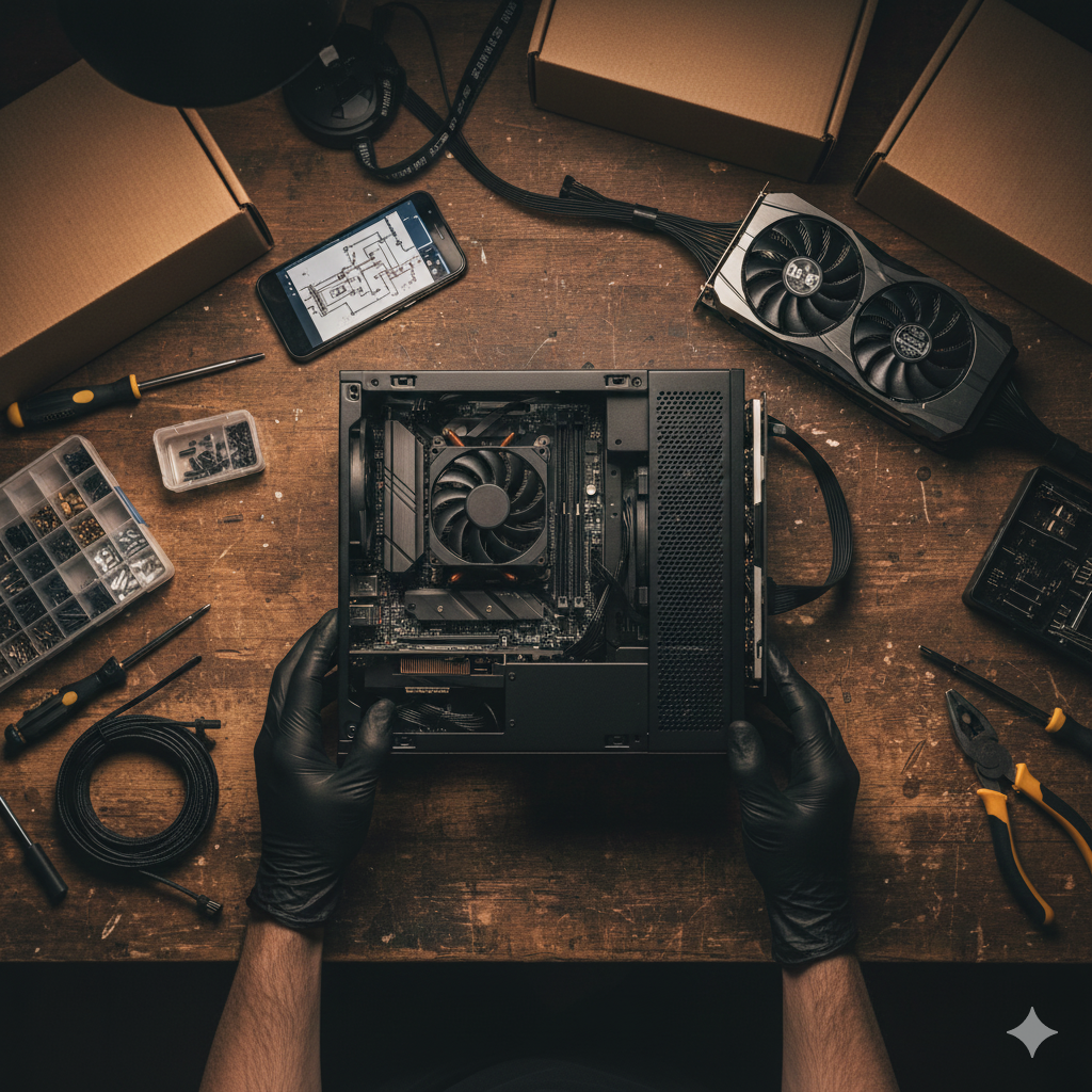 나무 질감의 작업대 위를 위에서 내려다보는 구도의 이미지예요. 검은색 장갑을 낀 두 손이 중앙에서 소형 폼팩터(SFF) PC 케이스 내부의 Mini-ITX 메인보드와 CPU 쿨러가 장착된 부분을 조립하고 있어요. 케이스 상단에는 나사나 작은 부품들이 담긴 투명한 상자가 놓여 있고, 왼쪽에는 여러 종류의 드라이버와 검은색 슬리빙 케이블이 깔끔하게 말려 있어요. 케이스 오른쪽 상단에는 분리된 상태의 듀얼 팬 그래픽카드가 놓여 있고, 그 옆에는 박스가 쌓여 있어요. 중앙 상단의 스마트폰 화면에는 복잡한 PC 내부 배선도나 조립 가이드가 표시되어 있어요.